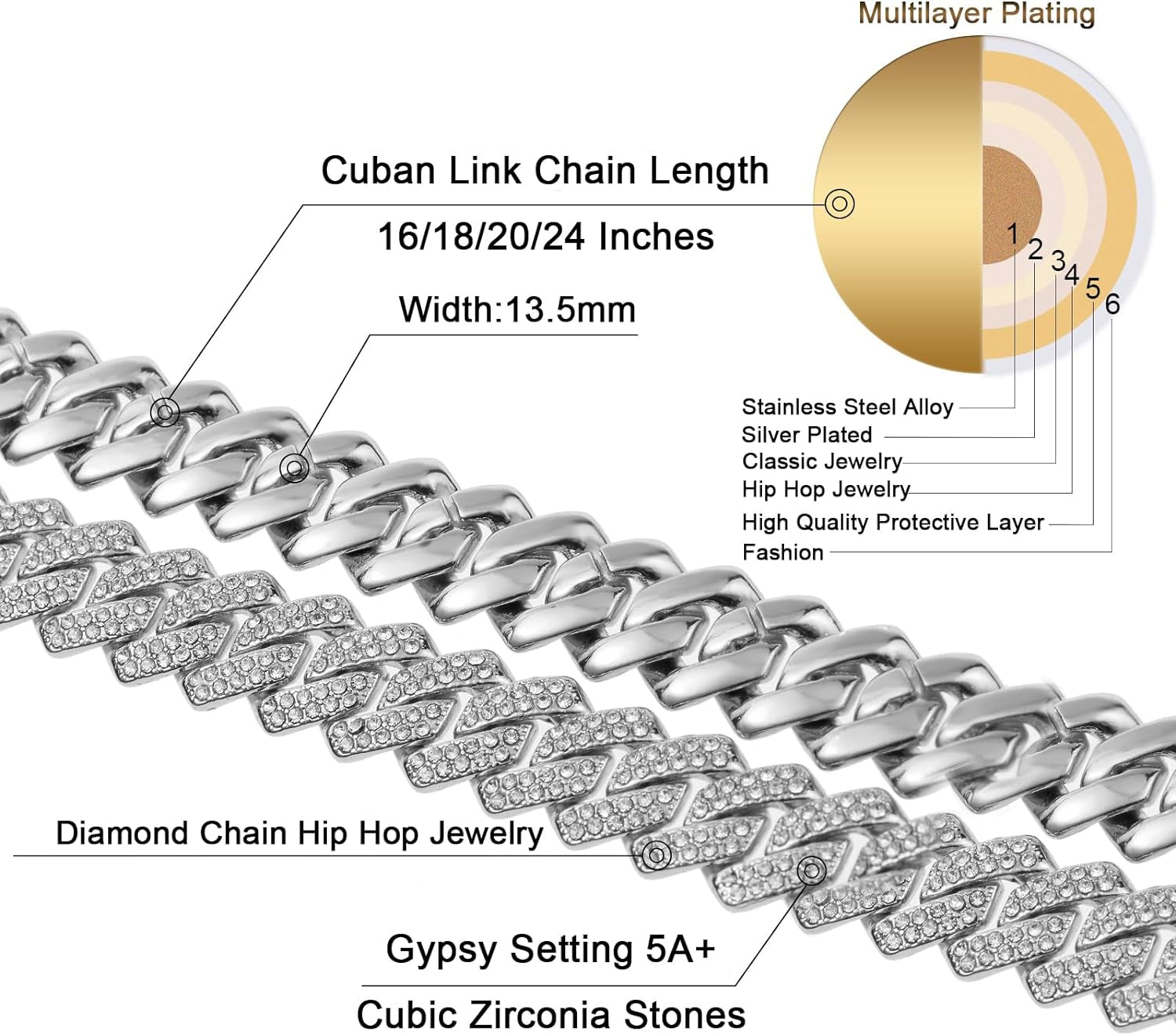 Cuban Link Chain for Men Women Iced Out Silver/Gold/Rose Gold Miami Cuban Necklace Bling Diamond Chain Hip Hop Jewelry with Gift Box